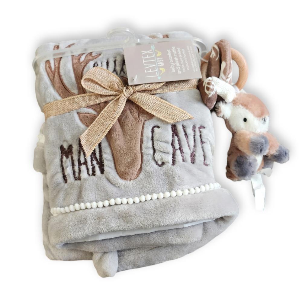 Grey/Brown Little Man Cave Reindeer Blanket & Rattle